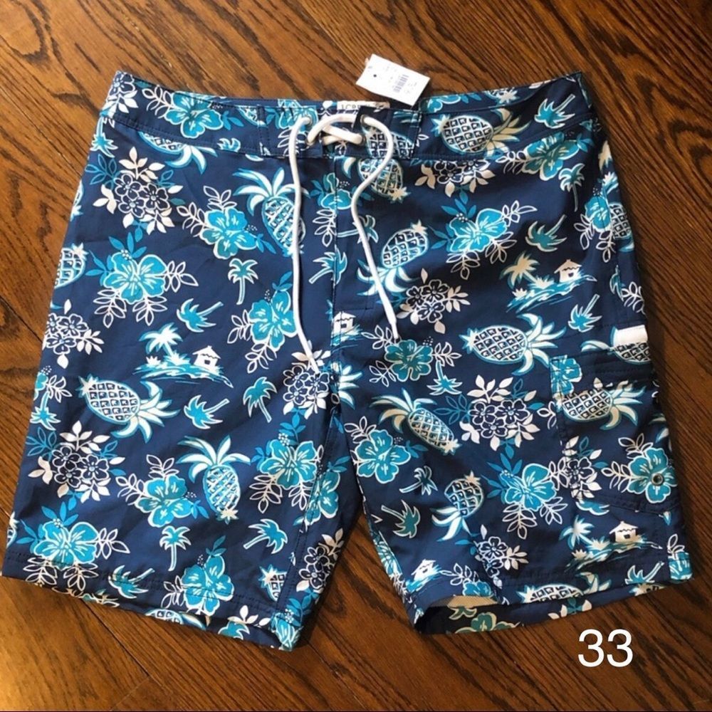 J.Crew Mens Lined Swim Trunks Hawaiian Navy Turquoise Sz 33 NWT